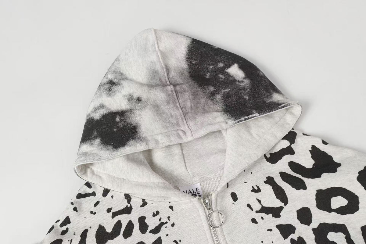 Vale Forever Vintage Leopard Print & "USA" Graphic Zip-Up Hoodie & Sweatpants Set - Grey