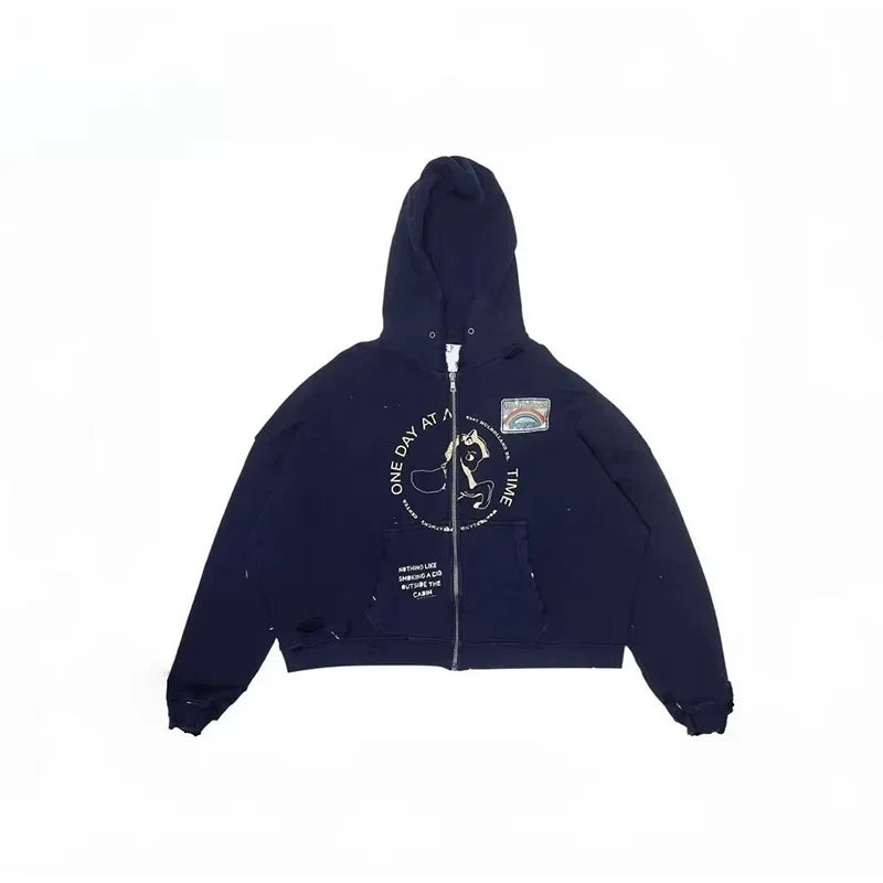 PALY Hollywood Circular Art Graphic Zip-Up Hoodie - Navy Blue