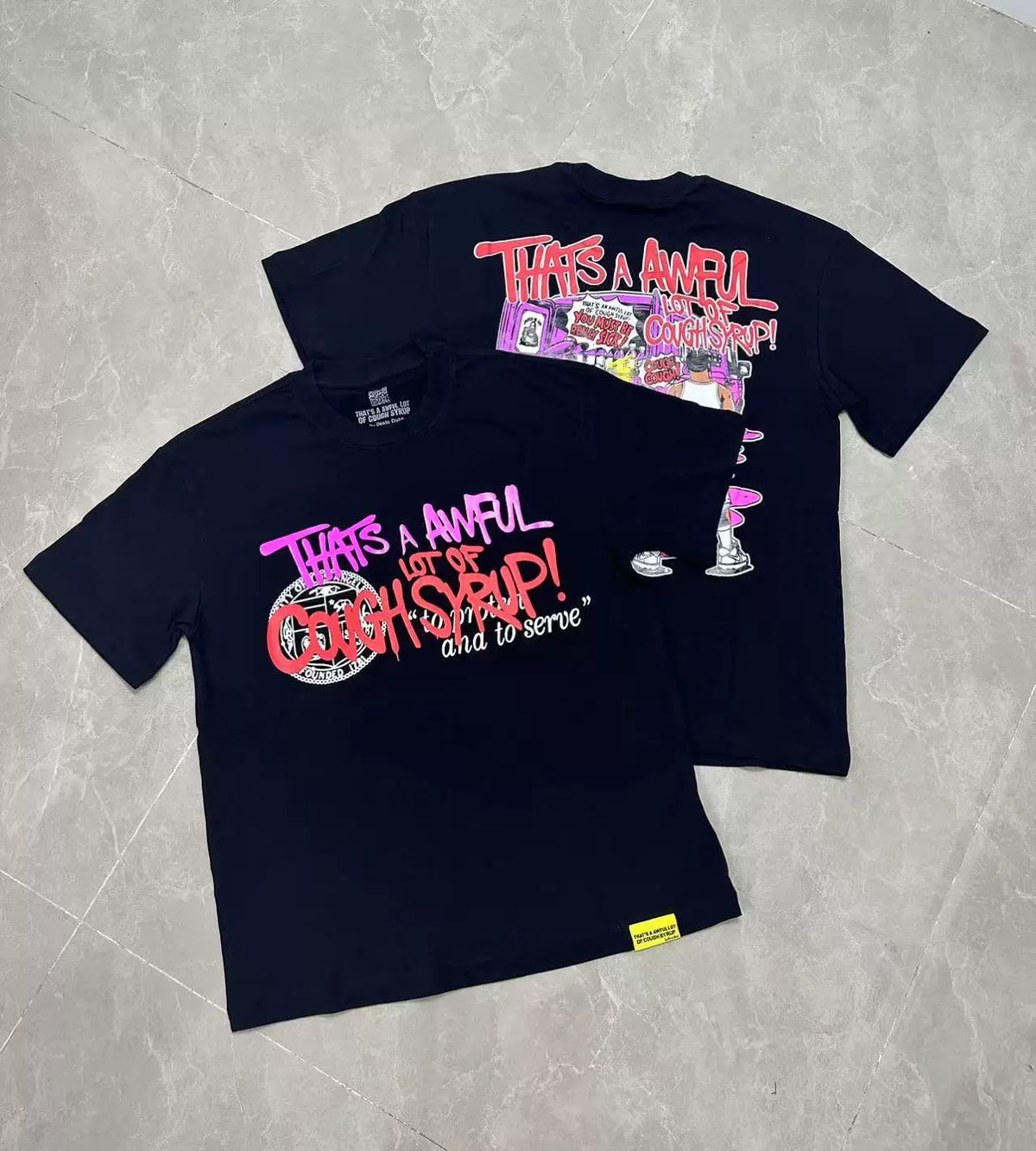 That's A Awful Lot Of Cough Syrup Graffiti Splash Graphic T-Shirt - Black