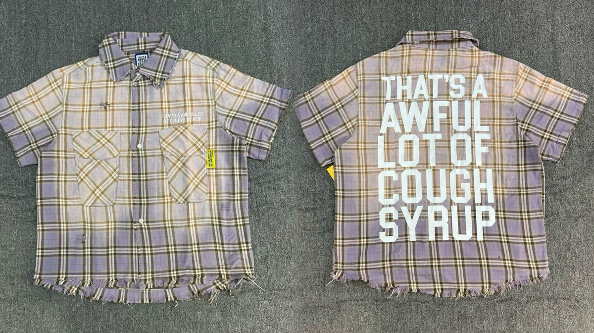 That's A Awful Lot Of Cough Syrup Distressed Plaid Button-Down Shirt - Grey Purple Plaid