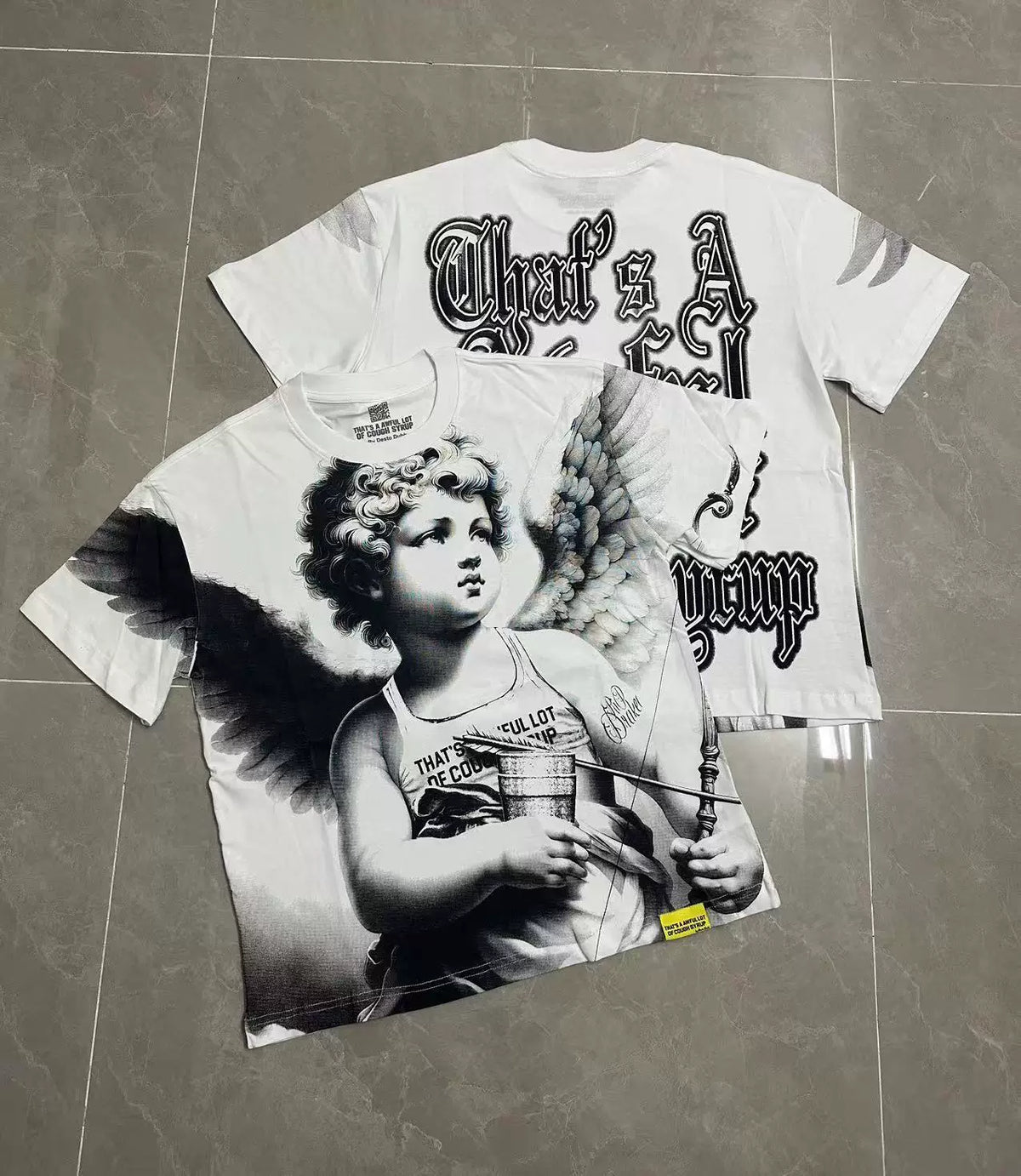 That's A Awful Lot Of Cough Syrup Angel Heart Graphic T-Shirt - Black & White