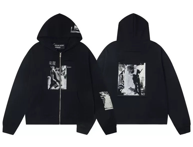 Enfants Riches Déprimés Multi-Panel Photo Zip-Up Hoodie - Washed Black