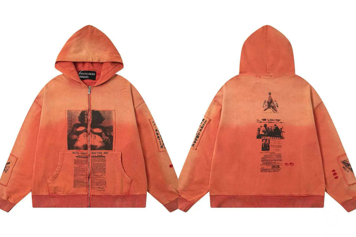 Enfants Riches Déprimés Gradient Portrait & Text Zip-Up Hoodie - Orange/Red