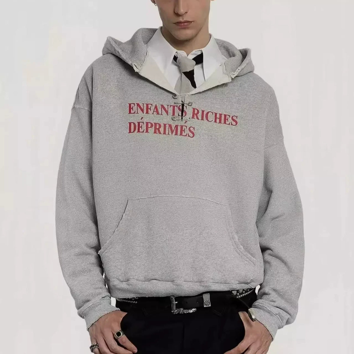 Enfants Riches Déprimés Red Text Logo Hoodie - Light Grey