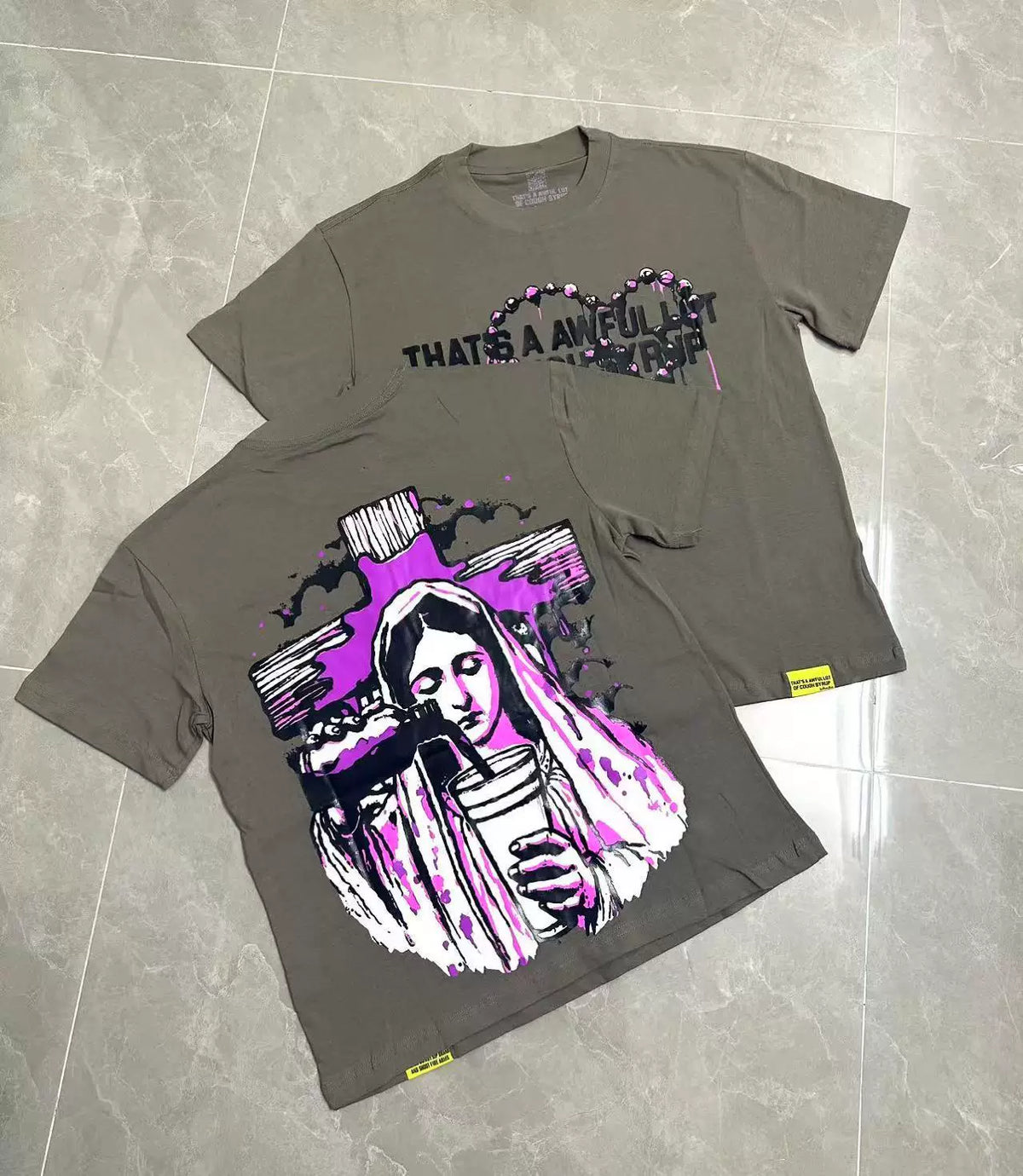 That's A Awful Lot Of Cough Syrup Angel Heart Graphic T-Shirt - Grey / Purple