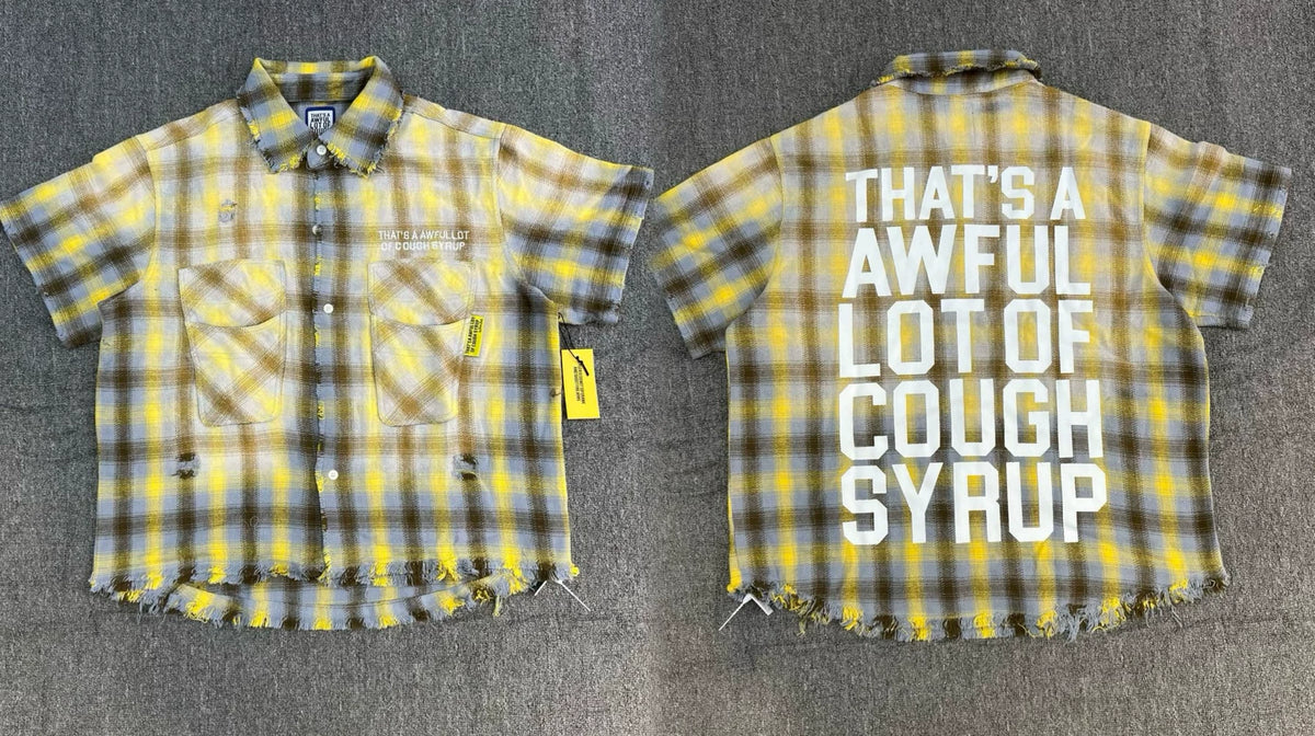 That's A Awful Lot Of Cough Syrup Distressed Plaid Button-Down Shirt - Yellow Plaid
