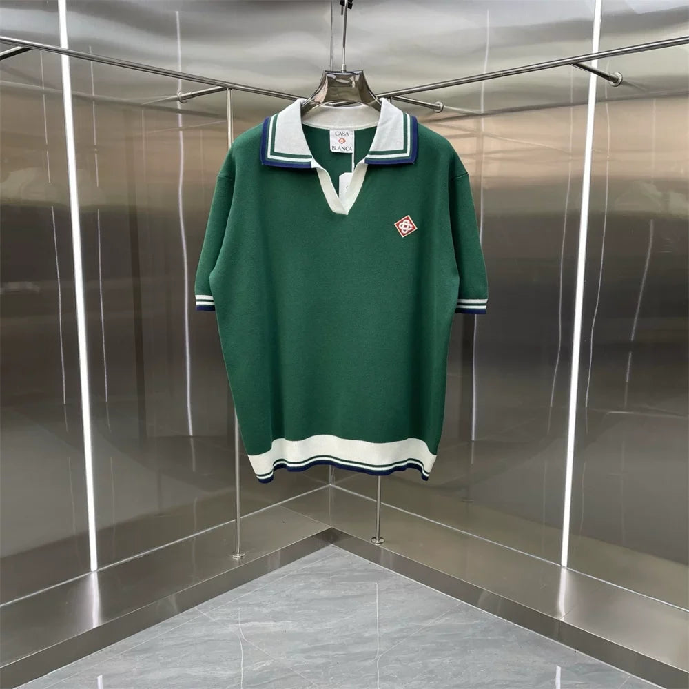 Casablanca Contrast Collar Knit Polo Shirt - Dark Green / White