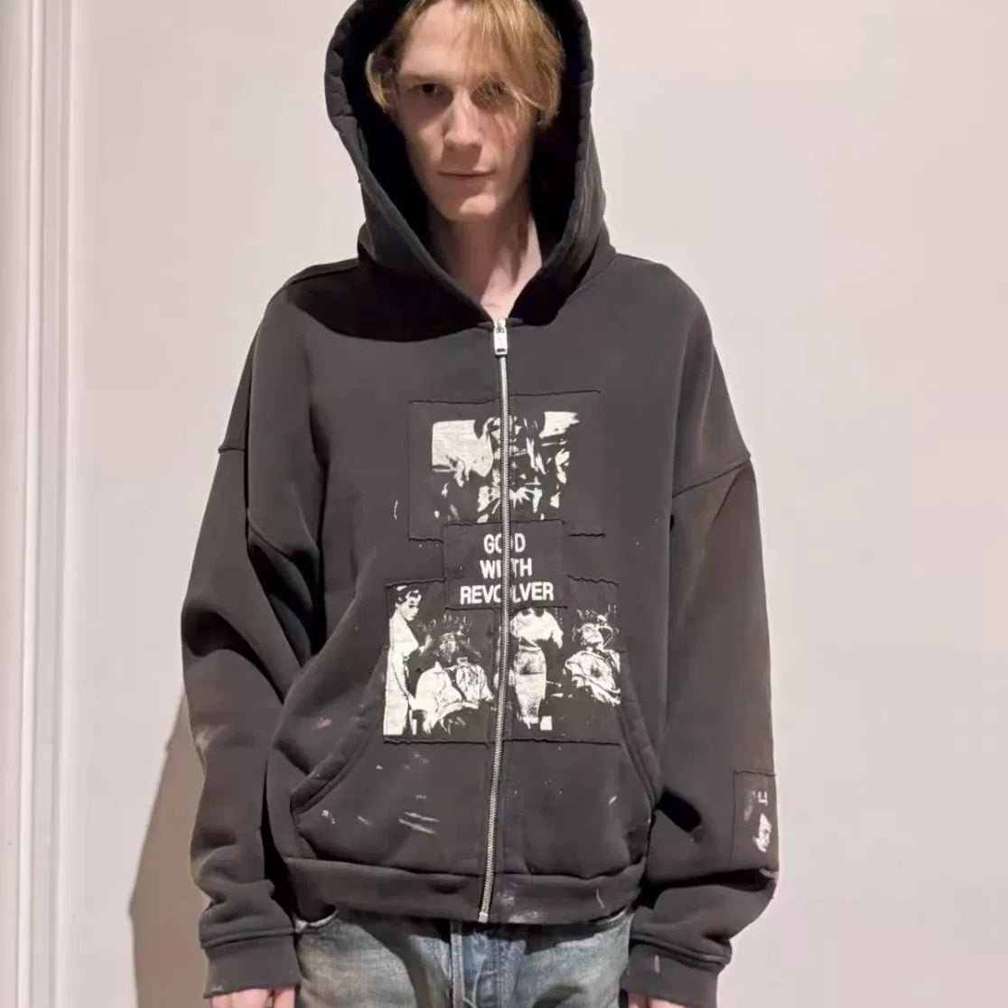 Enfants Riches Déprimés Photo Block & Red Accent Zip-Up Hoodie - Washed Black